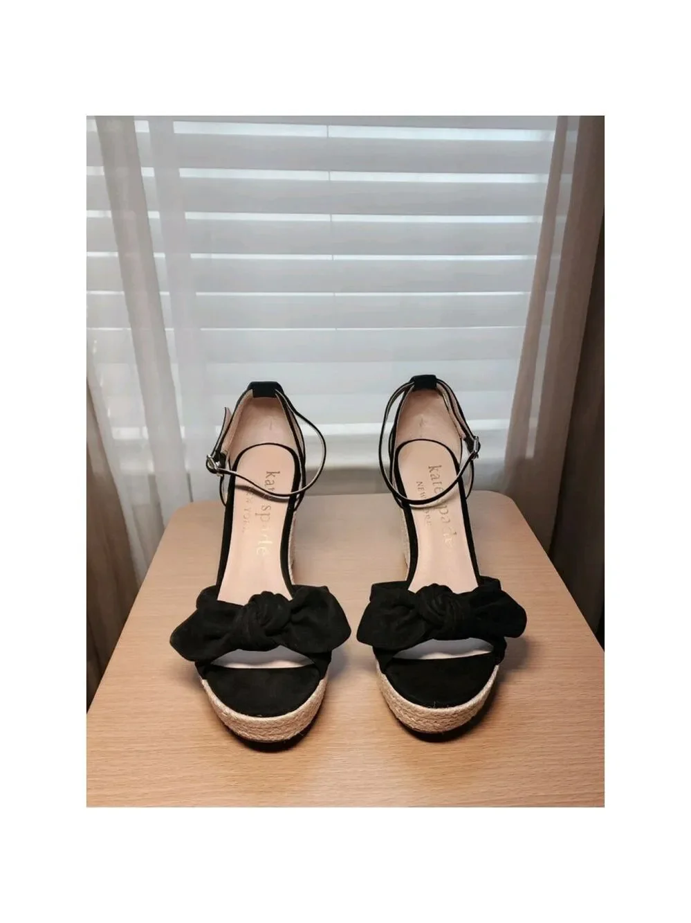 Kate Spade Tianna Suede LEATHER Bow Strap Espadrille Wedge Sandal 9.5 B BLACK